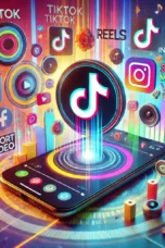 Ilustrasi modern menampilkan ikon TikTok dan Instagram Reels, dengan smartphone yang memutar video pendek, hashtag trending, dan efek visual kreatif di latar belakang warna-warni.