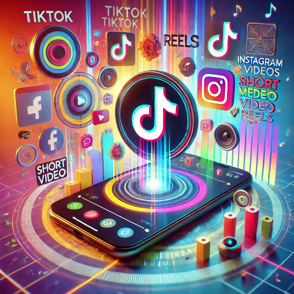 Ilustrasi modern menampilkan ikon TikTok dan Instagram Reels, dengan smartphone yang memutar video pendek, hashtag trending, dan efek visual kreatif di latar belakang warna-warni.